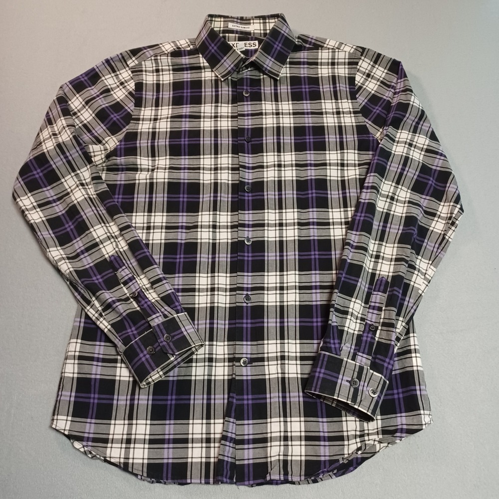 Express‎ Extra Slim Fit Mens Shirt Purple Black Plaid Long Sleeve Cotton Medium